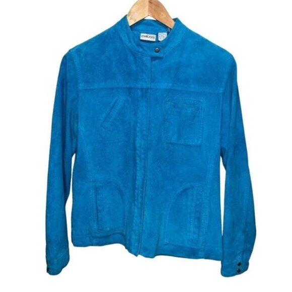 Chico’s Teal Leather Suede Jacket Size 1 Medium 100% Leather Classic Monochrome - Picture 1 of 16